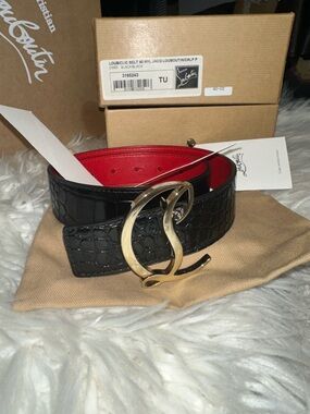Christian Louboutin Black Croc-Embossed Leather Belt with Gold Logo Buckle